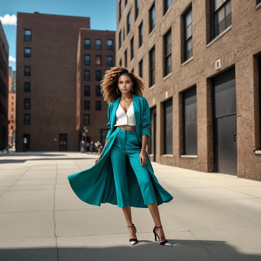 Fashionable Woman in Teal Suit on Urban Street