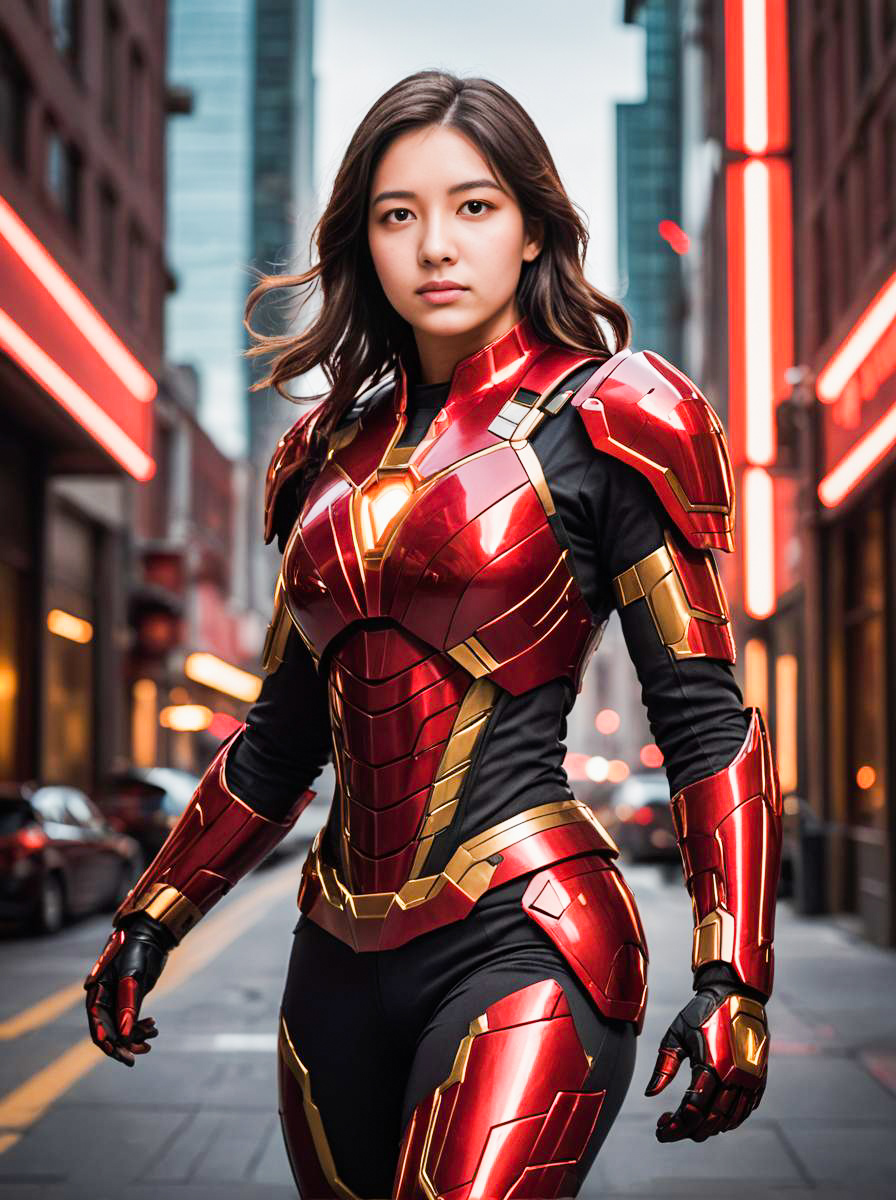 Woman in Crimson Dynamo Costume in Urban Setting