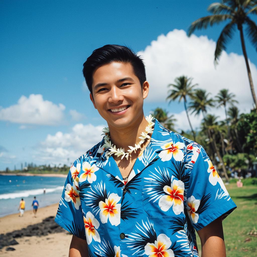 Young Man Wearing Modern Hawaiian Shirt and Flower Lei on Tropical Beach