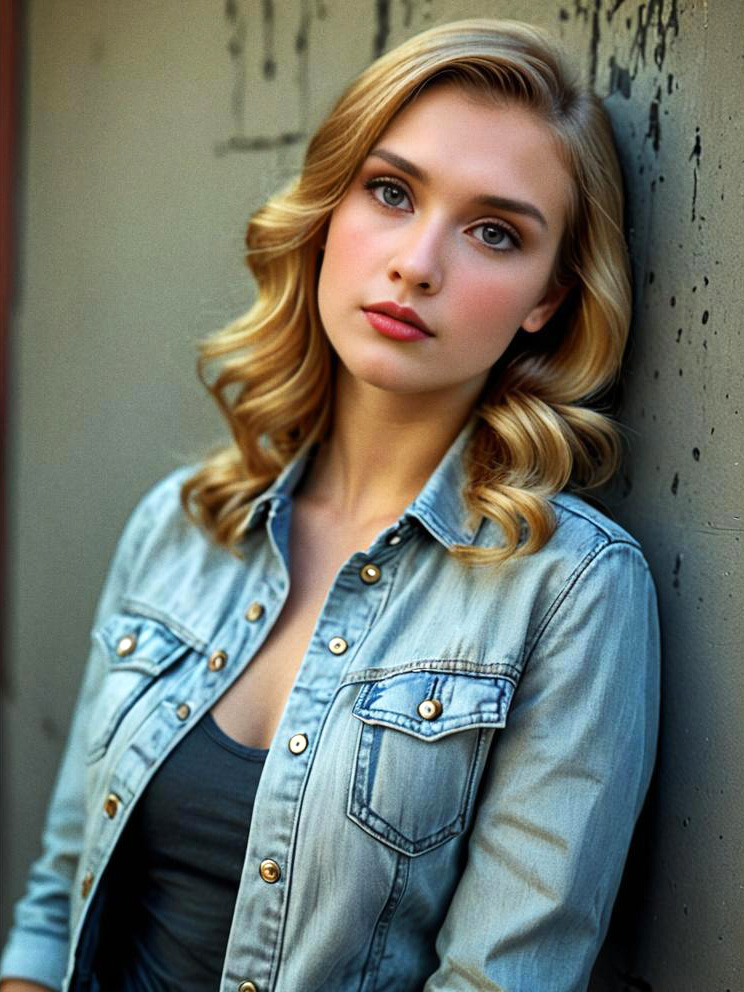 Young Woman in Denim Shirt Against Gray Background