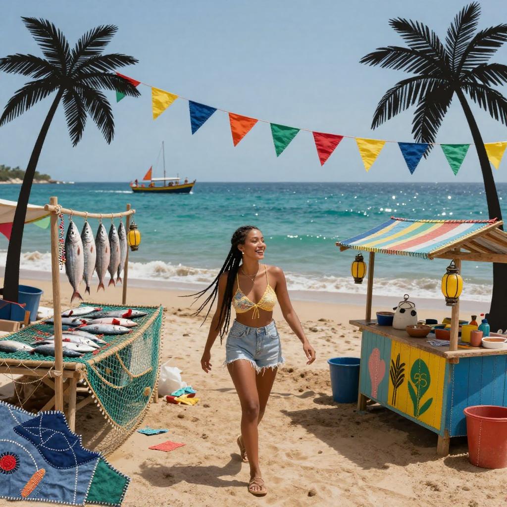 Young Woman Walking at Tropical Beach Market with Fresh Fish and Colorful Stalls