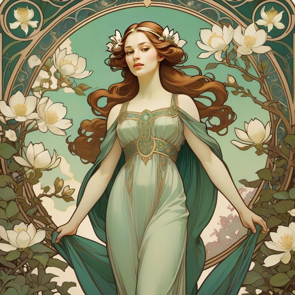 Art Nouveau Woman in Floral Setting with Flowing Gown Digital Illustration