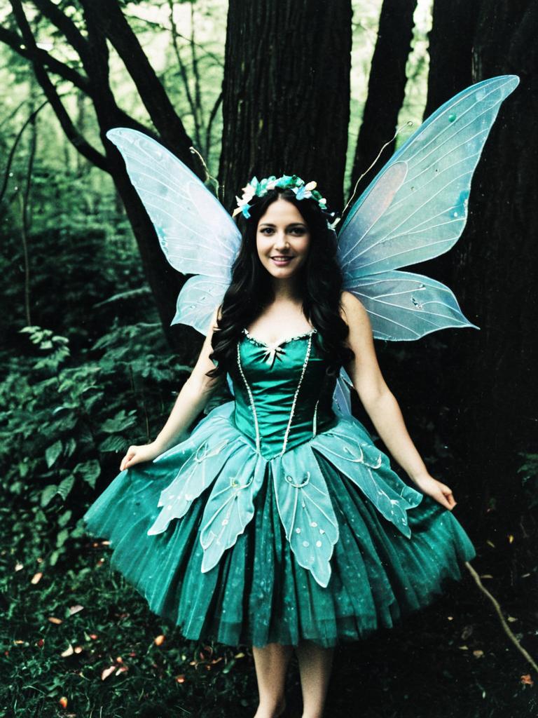 Enchanting Woman in Green Fairy Costume with Wings in Forest