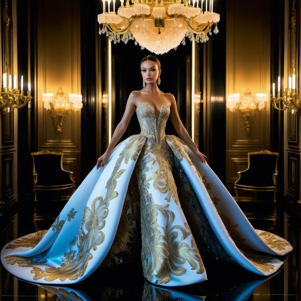 Elegant Woman in Extravagant Gown with Gold Patterns