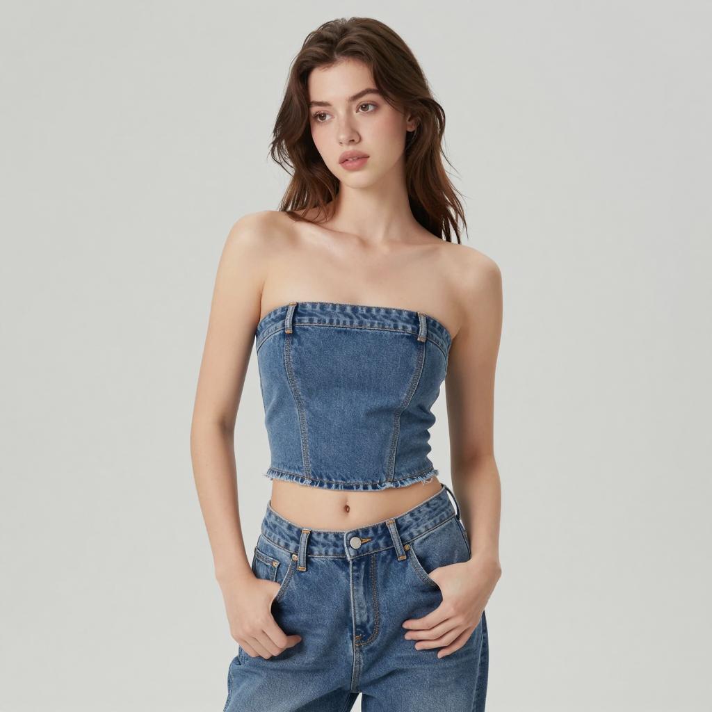 Gen Z Woman Wearing Trendy Denim Strapless Crop Top and High-Waisted Jeans