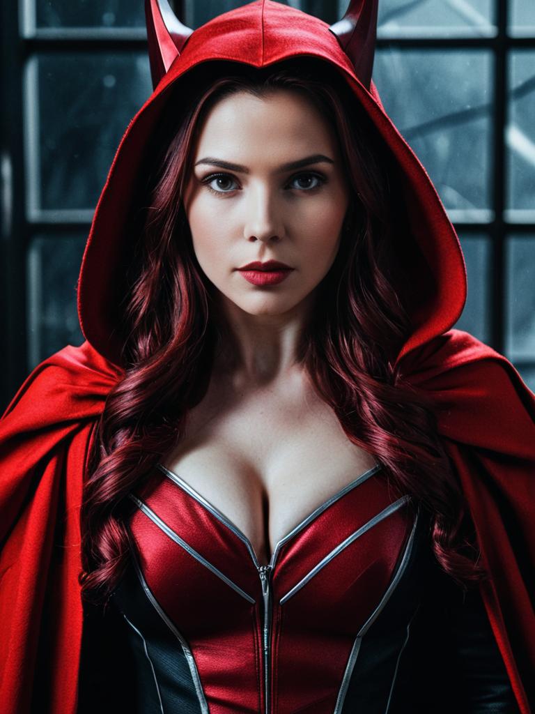 Photorealistic Woman in Scarlet Witch Costume Dramatic Cosplay Portrait
