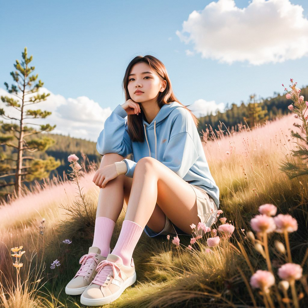 Young Woman on Hillside with Wildflowers