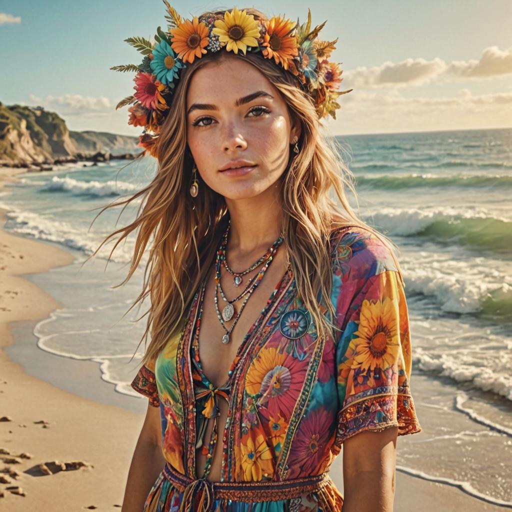 Bohemian woman with floral headpiece on beach