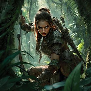 Fantasy Woman Warrior in Jungle with Bow and Armor