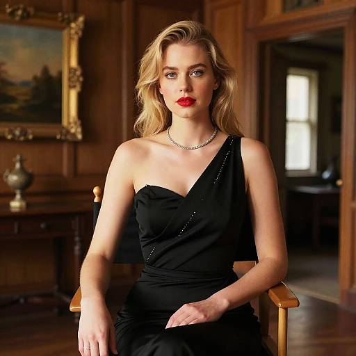 Elegant Woman in One-Shoulder Black Dress in Classic Wooden Room