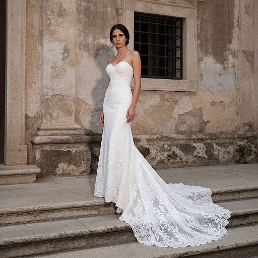 Elegant Strapless White Lace Wedding Gown with Long Train on Stone Steps