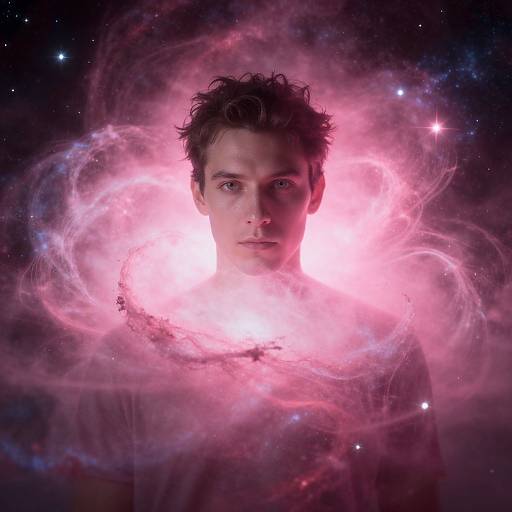 Surreal Portrait of Young Man Amidst Pink Cosmic Nebula