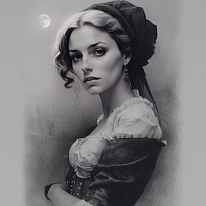 Vintage Style Digital Portrait of a Woman in 18th Century Costume with Moon