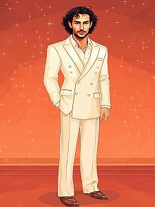 Stylish Man in Cream Suit with Curly Hair