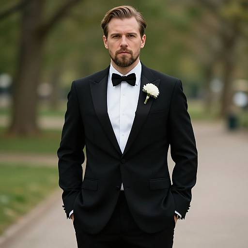 Elegant Man in Black Tuxedo with Bow Tie and White Boutonniere Outdoors
