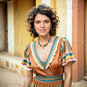 Confident Woman in Vintage Dress Against Colorful Wall