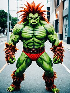 Realistic Blanka Cosplay Costume by Man on Urban Street