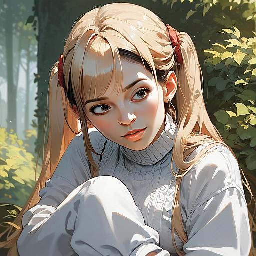 Hyper-Realistic Anime Style Portrait of Blonde Woman in Forest