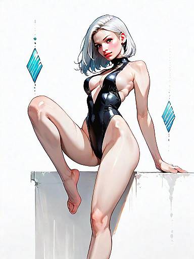 Realistic Comic Style Woman in Black Swimsuit Full Body Illustration