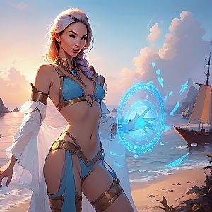 Fantasy Woman Casting Magic on Beach at Sunset Digital Artwork