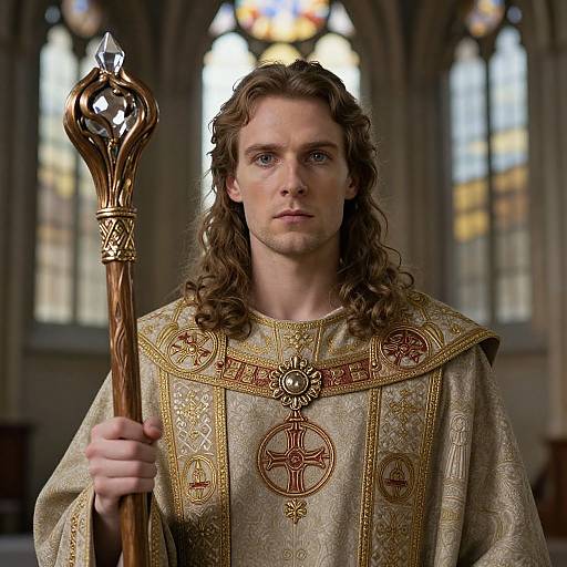 Man in Ornate Religious Robes Holding Crystal Staff in Church