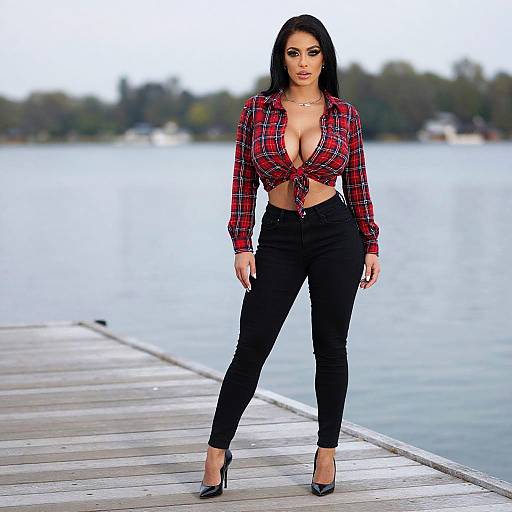 Voluptuous Woman in Red Plaid Shirt and Black Pants on Lakeside Dock
