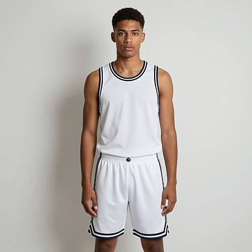 Young Man in White Basketball Uniform Standing Against Light Background