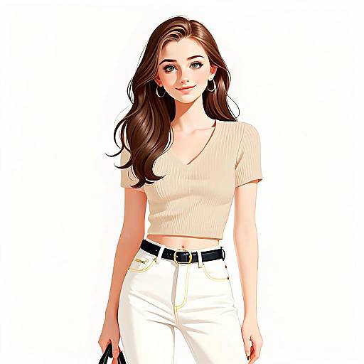 Stylish Woman with Pretty Hair and Casual Chic Outfit Digital Illustration
