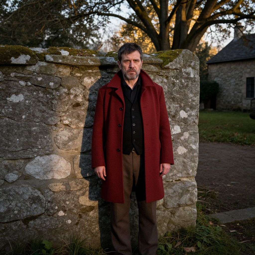 Man in Burgundy Overcoat Standing by Stone Wall Outdoors
