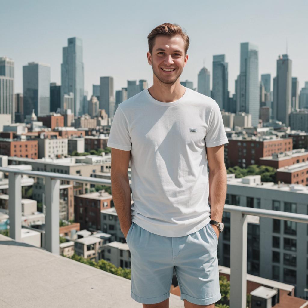 Cheerful Young Man on Rooftop Overlooking City Skyline