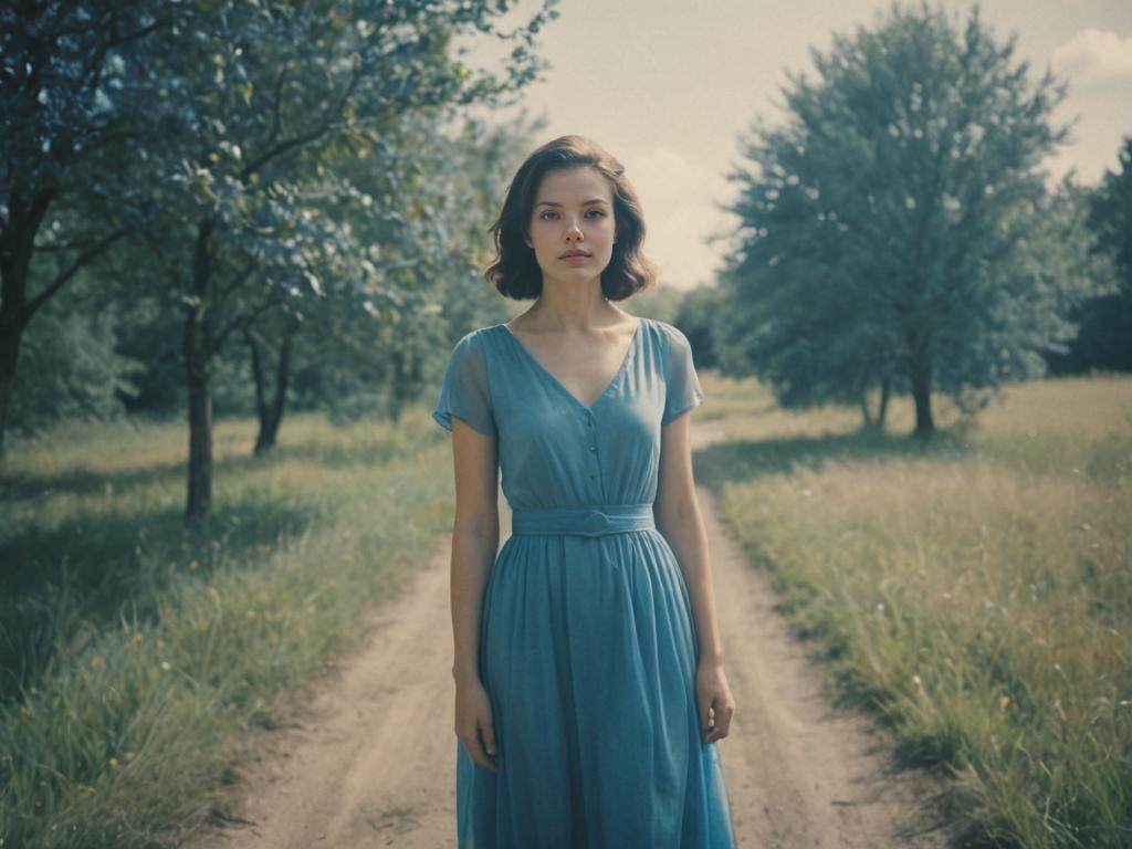 Serene Woman in Blue Dress on Dirt Road