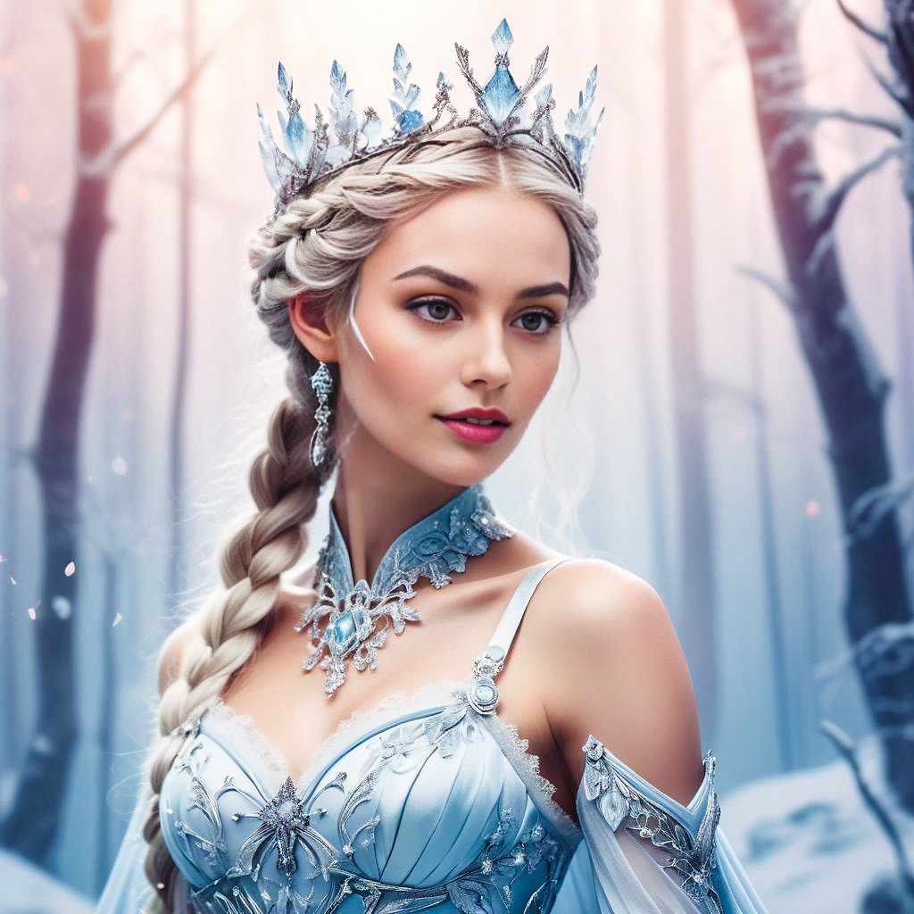 Woman in Icy Blue Gown in Snowy Forest