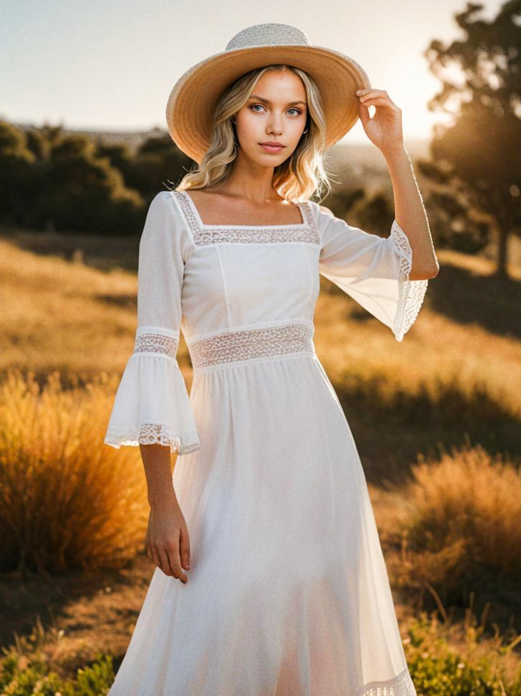 Elegant Woman in White Dress in Sunlit Field