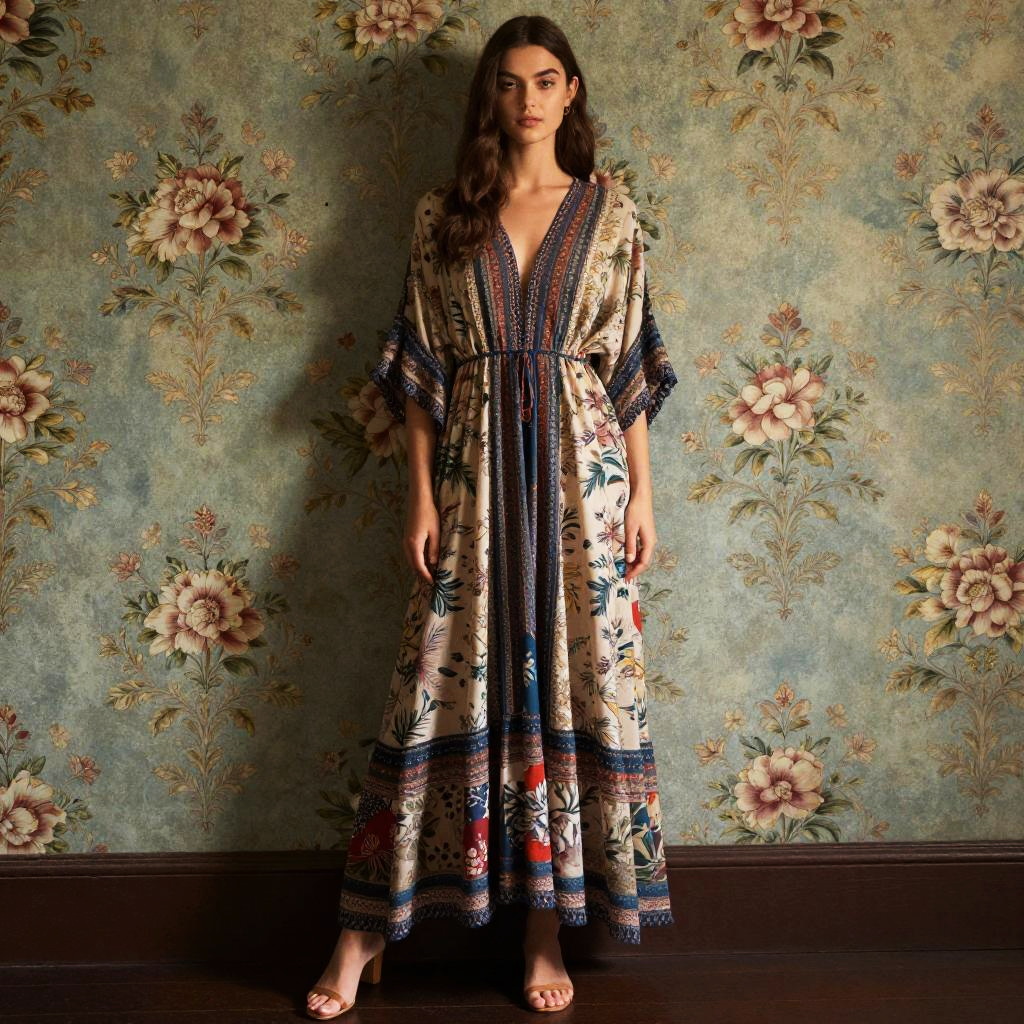 Bohemian Floral Maxi Dress Worn by Woman Against Vintage Wallpaper