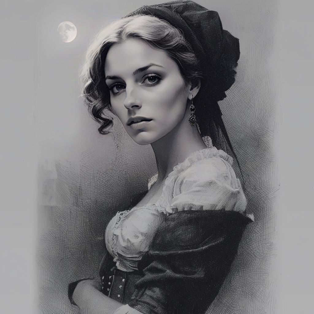 Vintage Style Digital Portrait of a Woman in 18th Century Costume with Moon