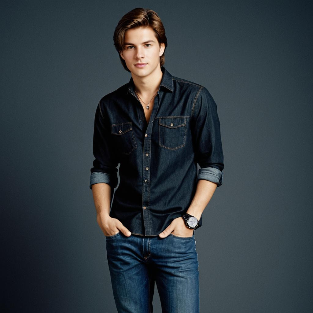 Portrait of Young Man in Dark Denim Shirt and Jeans