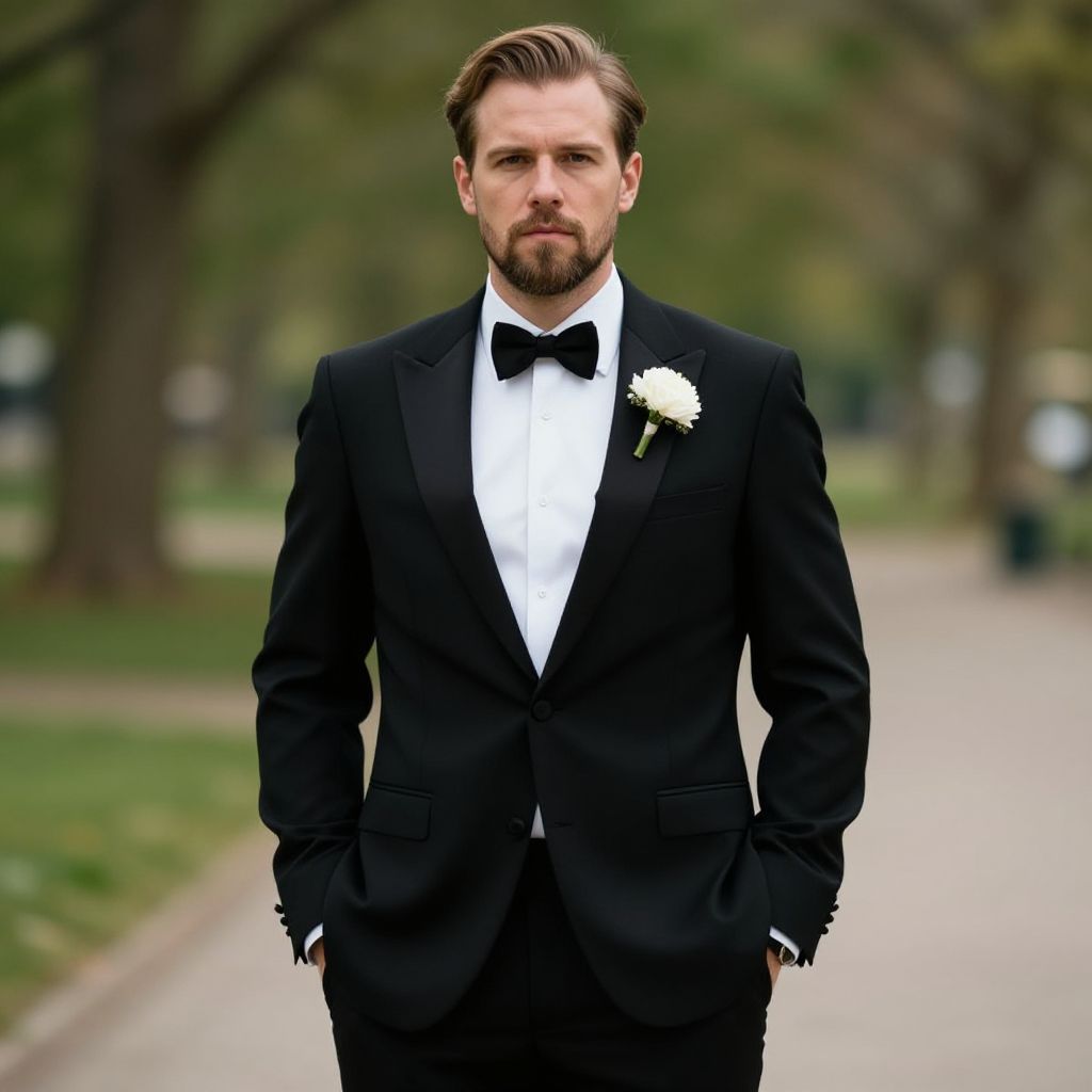 Elegant Man in Black Tuxedo with Bow Tie and White Boutonniere Outdoors