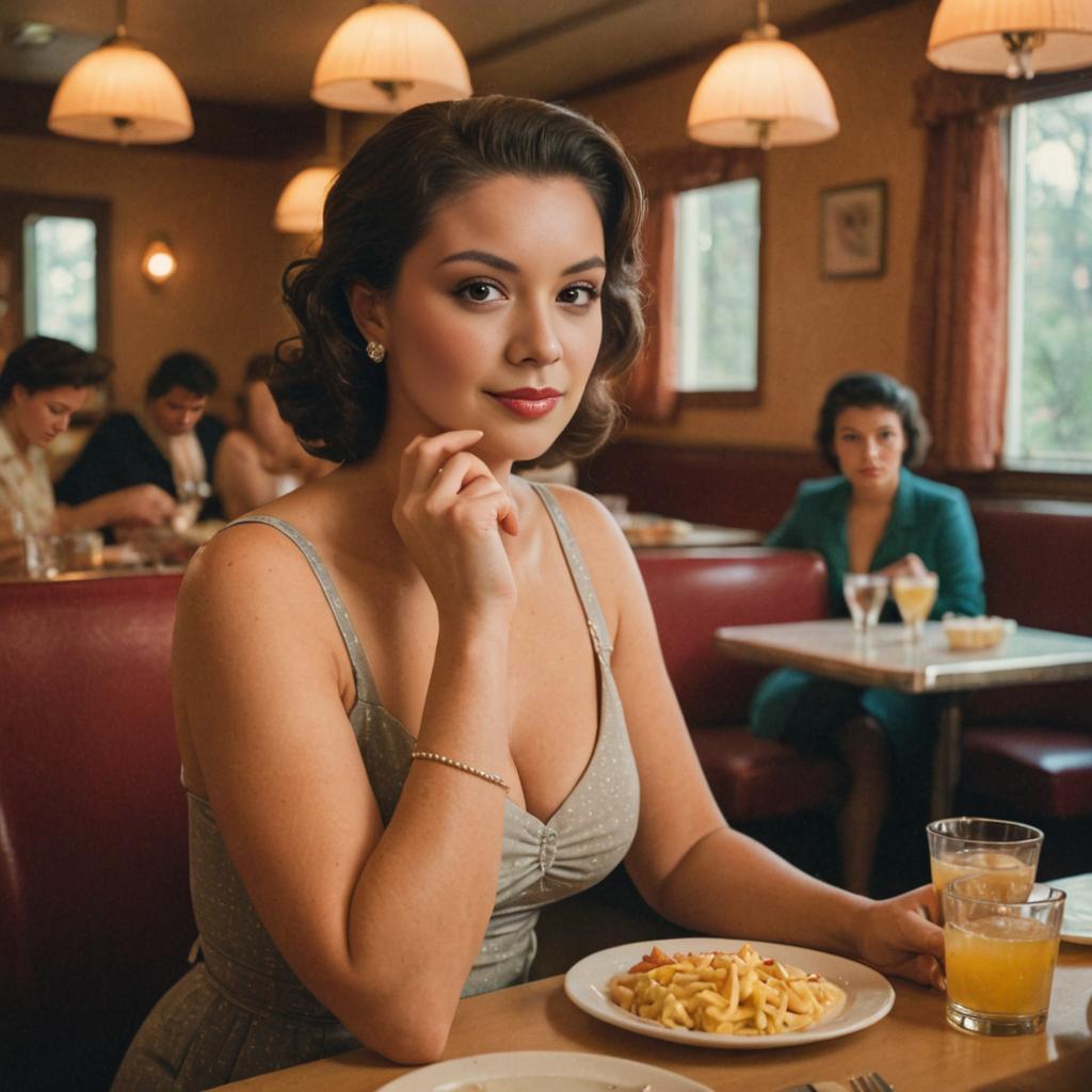 Elegant woman dining with vintage film aesthetic