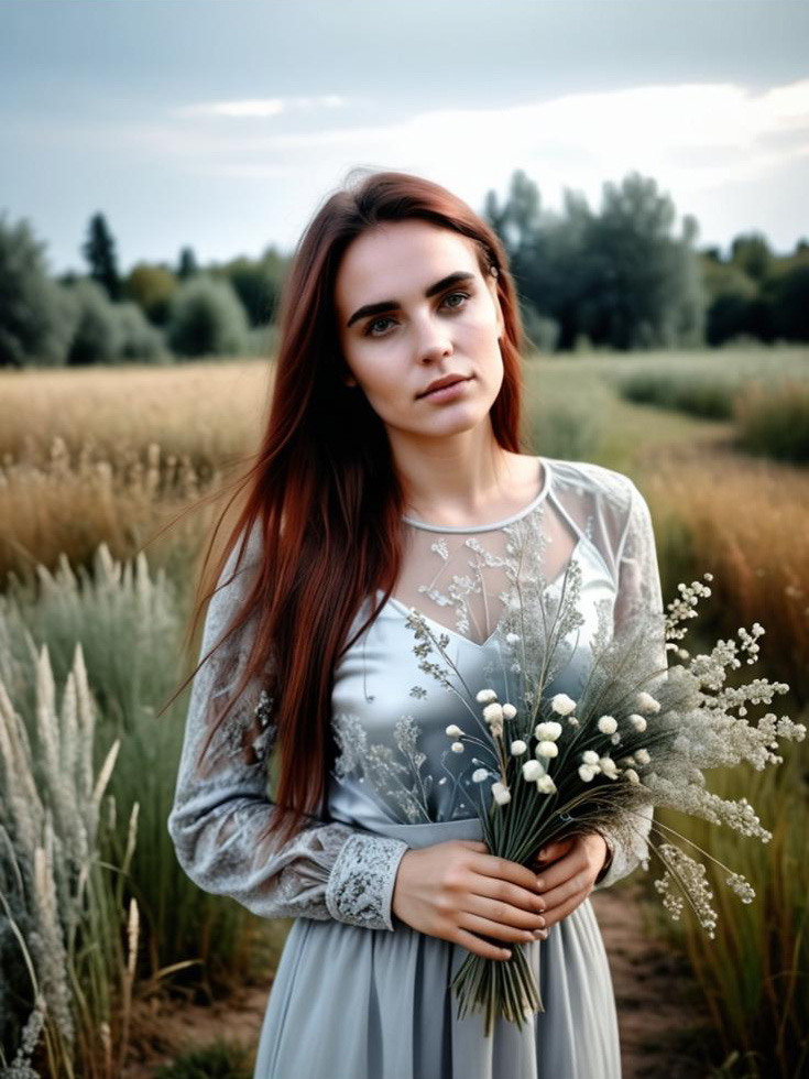 Young Woman in Gray Dress with Flowers in Field