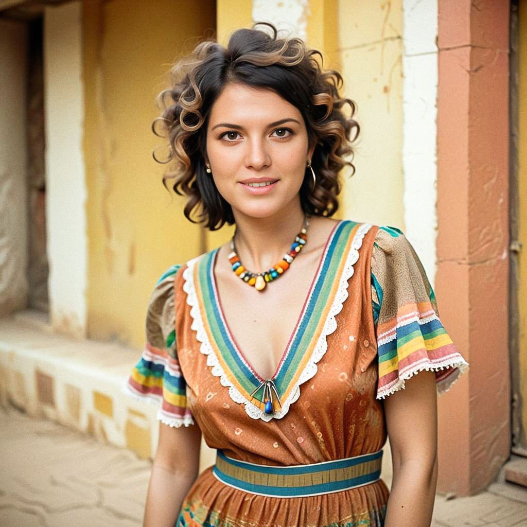 Confident Woman in Vintage Dress Against Colorful Wall