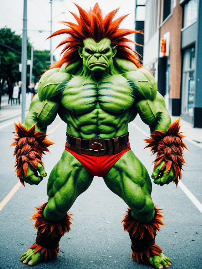 Realistic Blanka Cosplay Costume by Man on Urban Street