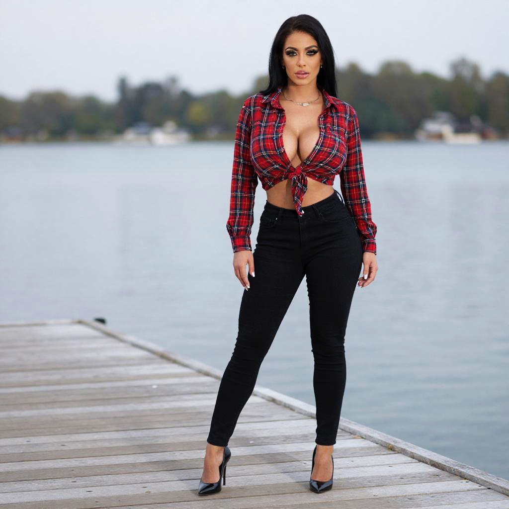 Voluptuous Woman in Red Plaid Shirt and Black Pants on Lakeside Dock