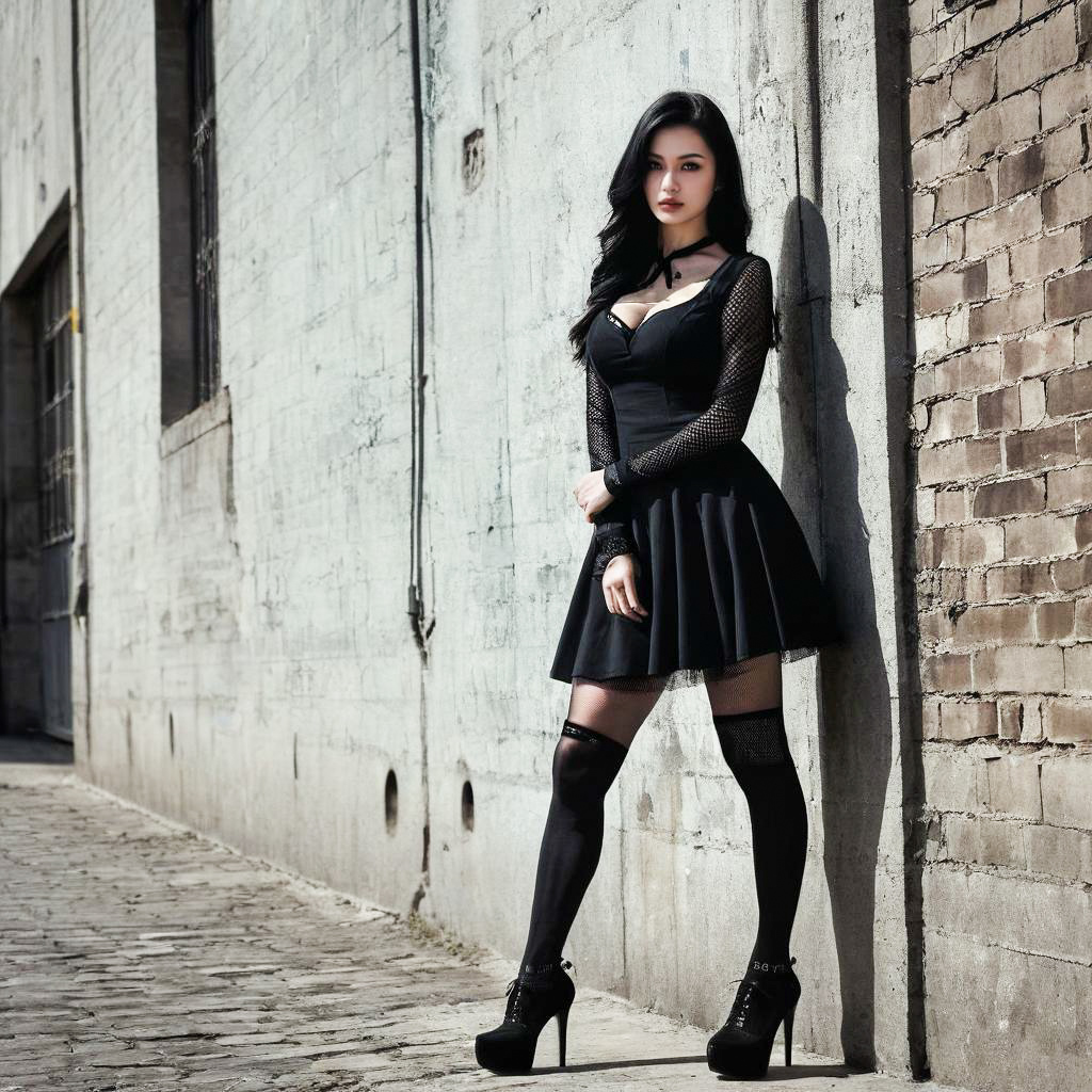 Confident Woman in Gothic Outfit Against Urban Wall Confident Woman in Gothic Outfit Against Urban Wall