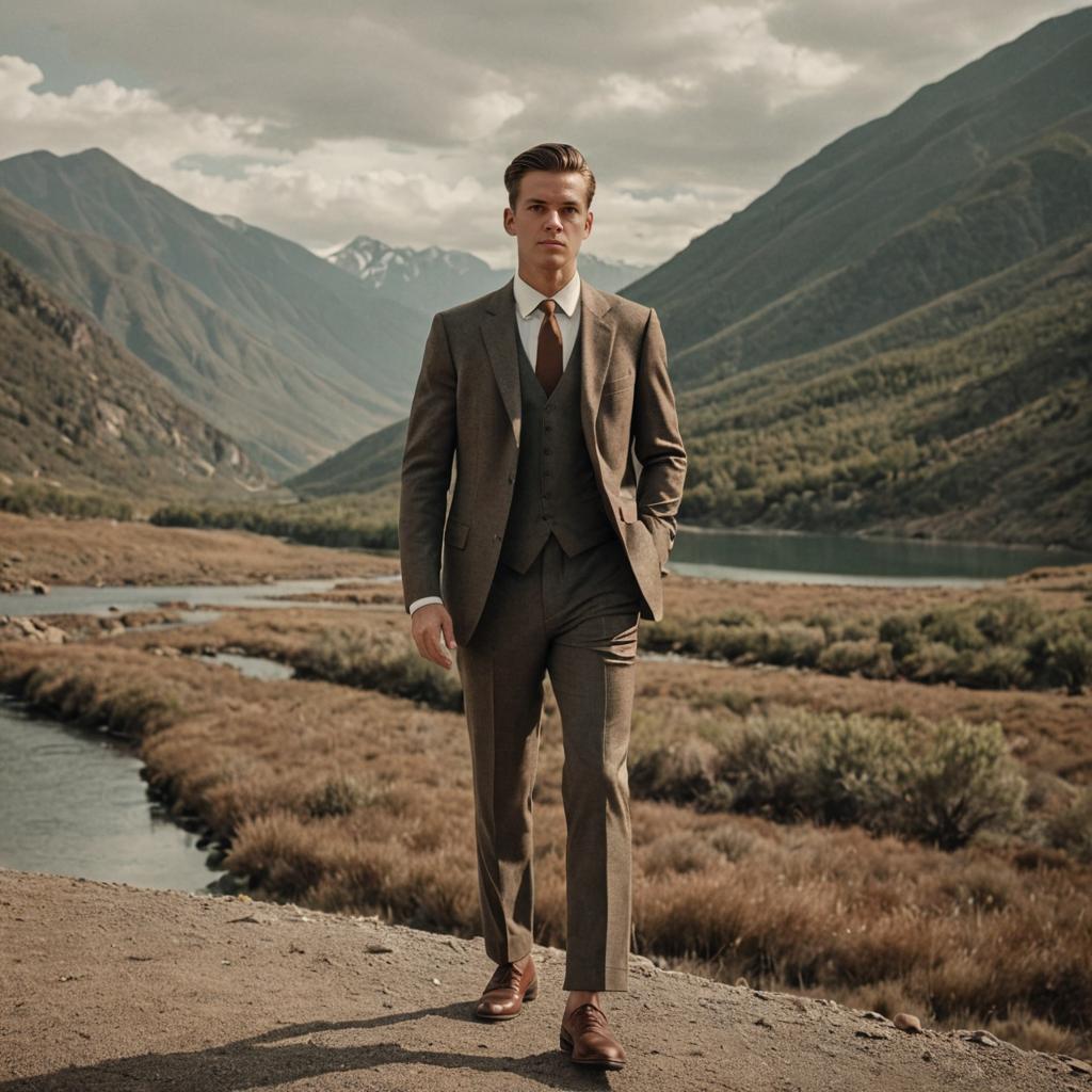 Confident Man in Tailored Suit by River and Mountains