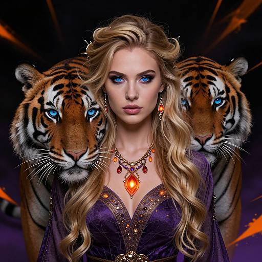 Fantasy Portrait of Woman with Blue Eyes and Two Tigers in Purple Gown