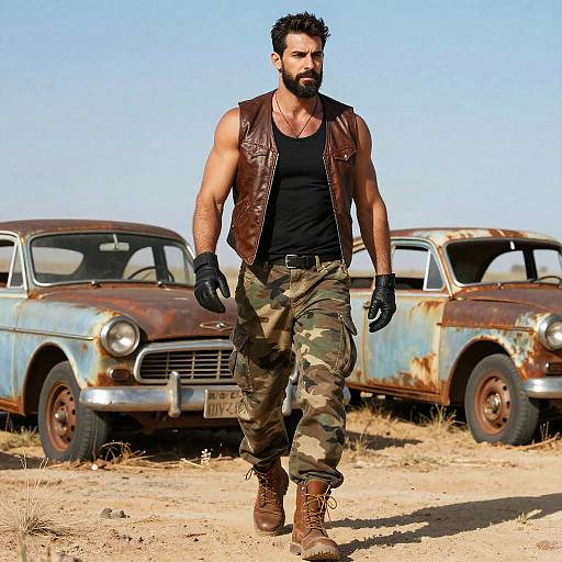 Rugged Man Walking in Desert with Vintage Rusted Cars and Military Style Clothing