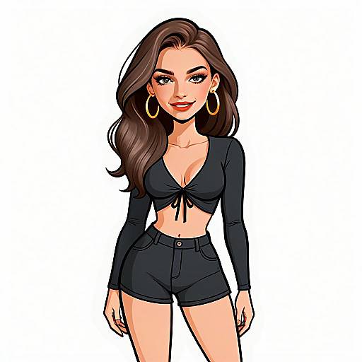 Stylish Young Woman with Long Hair in Black Crop Top and Shorts Illustration