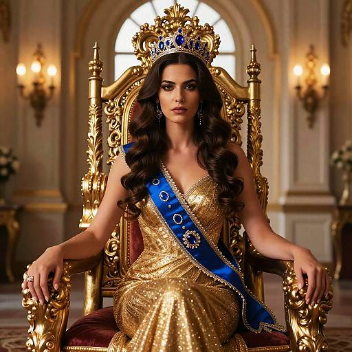 Regal Woman Wearing Crown and Blue Sash Sitting on Golden Throne