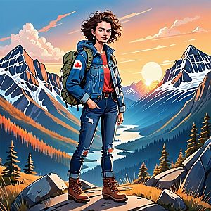 Confident Woman Hiking at Sunset Over Mountains