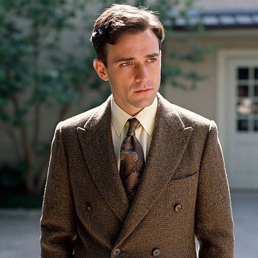 Man Wearing Brown Tweed Double-Breasted Suit with Paisley Tie Outdoors